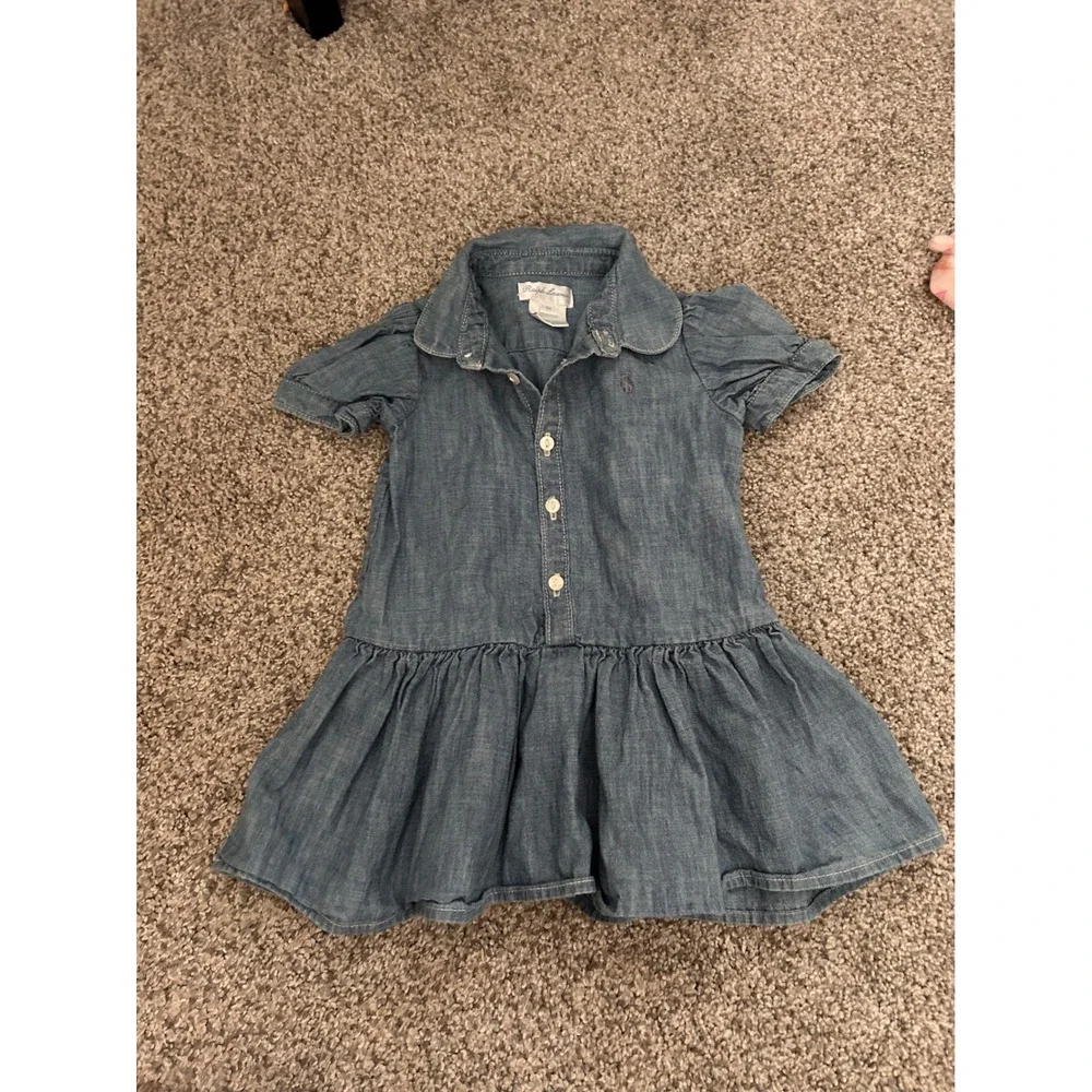 Ralph Lauren Baby Girls Blue Chambray Drop Waist Dress 9M Short Sleeve Pony Logo